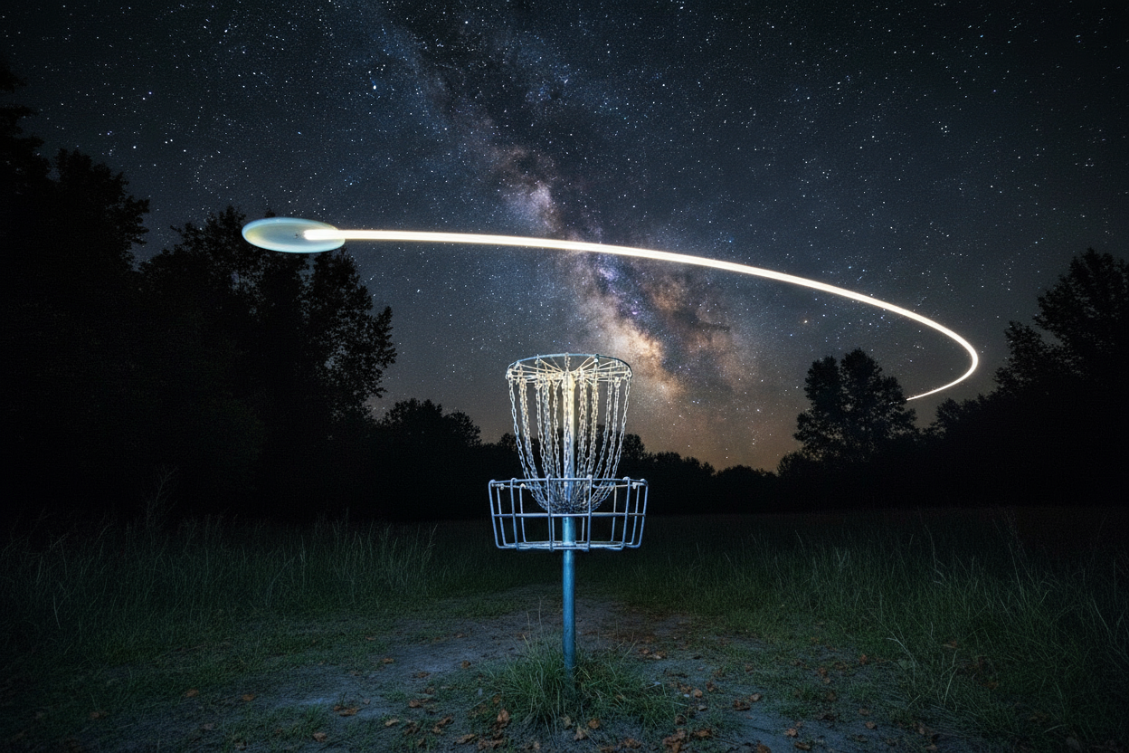 maybe instead just have a single disc with a light trail moving horizontally  over the disc golf cage.